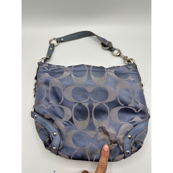 Coach Signature Pattern Hobo Shoulder Bag Blue Grey Canvas Leather Trim Y2K - Picture 6 of 12